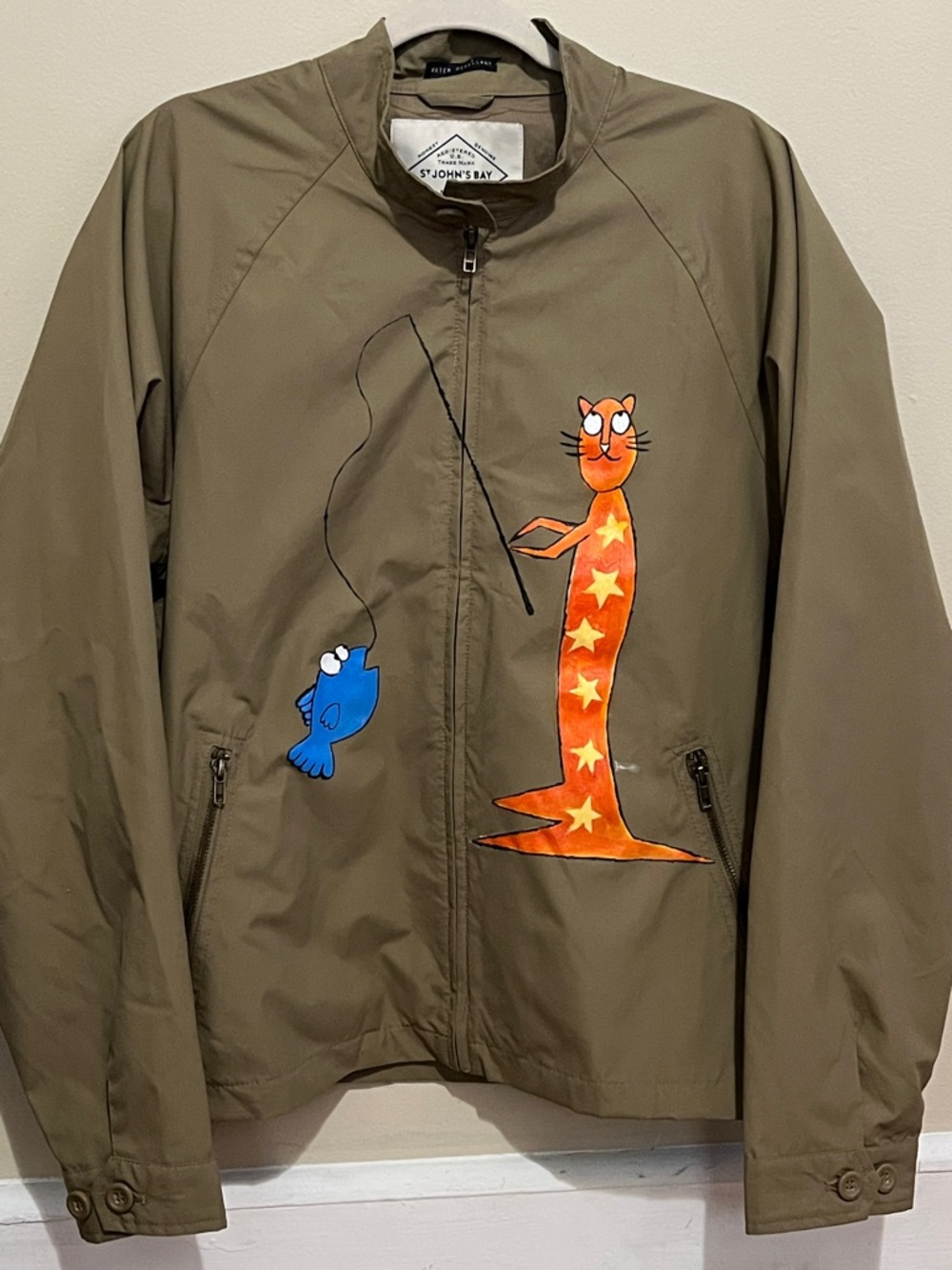 Jacket with handmade Orange Cat and Blue Fish